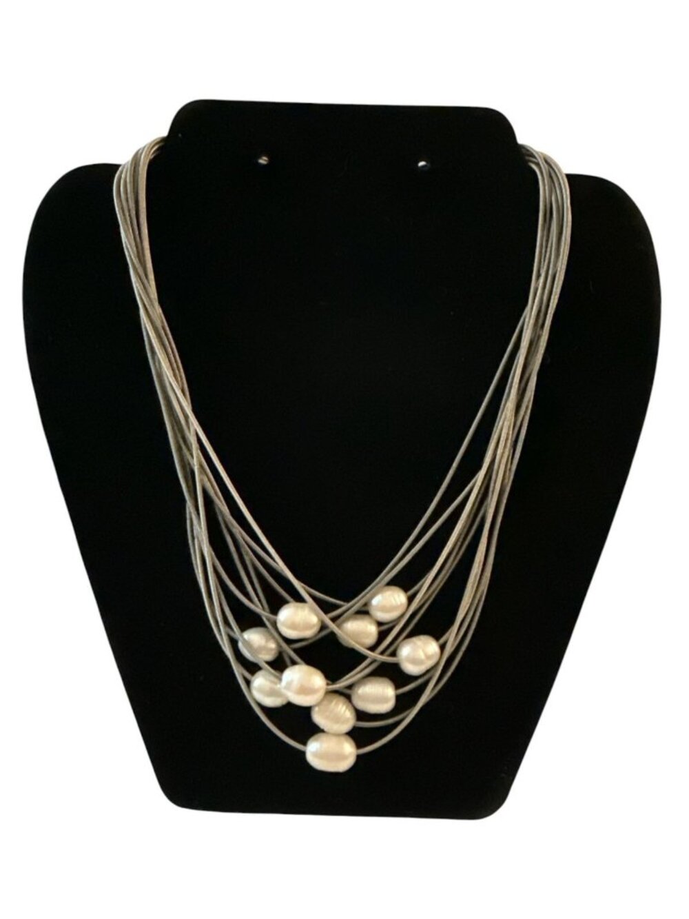 Sea Lily Multi-Strand Silver Piano Wire Necklace White Freshwater Pearls Upcycle
